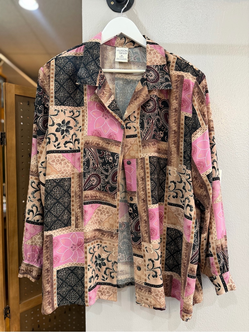 Allison Daley Patchwork Print Button-Up Shirt in Pink, Brown, Black, Cream